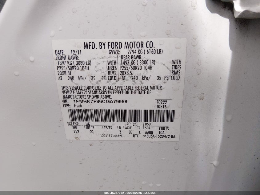 1FMHK7F86CGA79958 2012 Ford Explorer 3.5 Limited white
