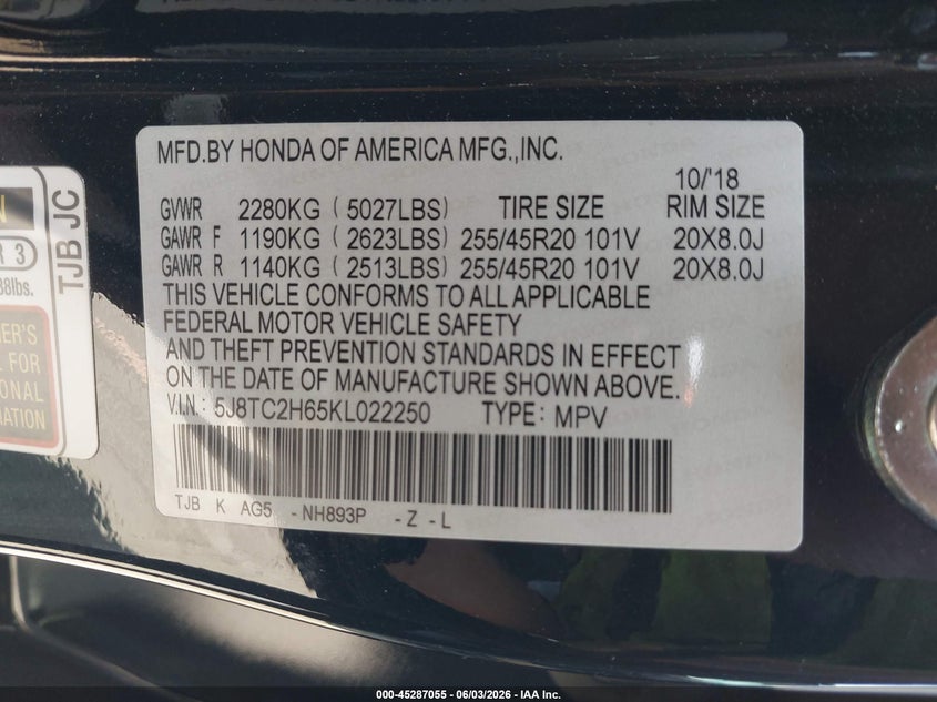 2019 Acura Rdx A-Spec Package VIN: 5J8TC2H65KL022250 Lot: 45287055