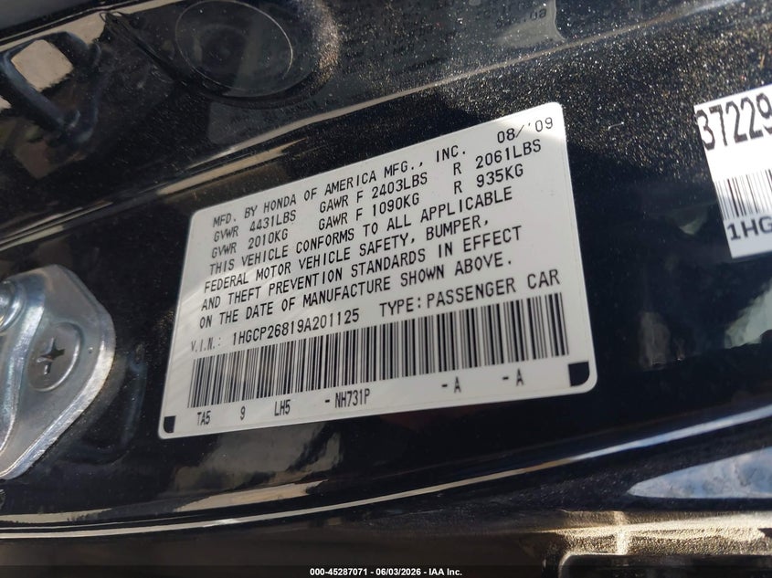 2009 Honda Accord 2.4 Ex-L VIN: 1HGCP26819A201125 Lot: 45287071