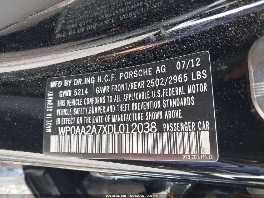 2013 Porsche Panamera 2/4/4 Platinum Edition/Platinum Edition VIN: WP0AA2A7XDL012038 Lot: 45287100