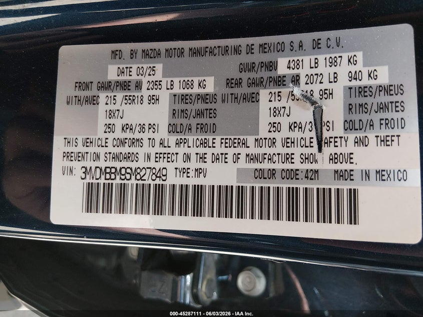 2025 Mazda Cx-30 2.5 S Select Sport VIN: 3MVDMBBM9SM827849 Lot: 45287111