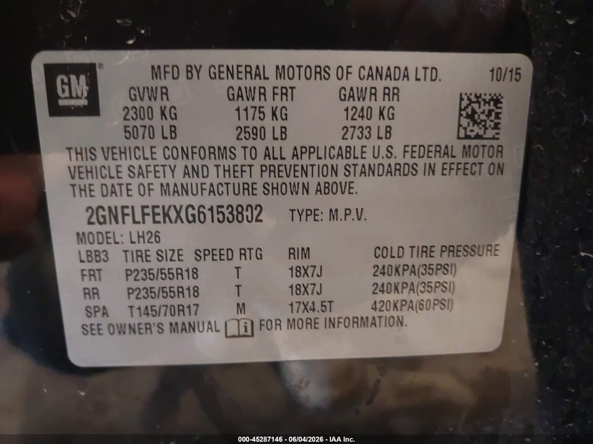 2016 Chevrolet Equinox Lt VIN: 2GNFLFEKXG6153802 Lot: 45287146