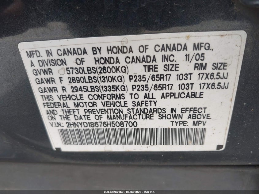 2006 Acura Mdx VIN: 2HNYD18676H508700 Lot: 45287160