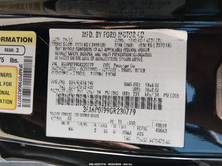 2016 Ford Fusion Se VIN: 3FA6P0T99GR230779 Lot: 45287216