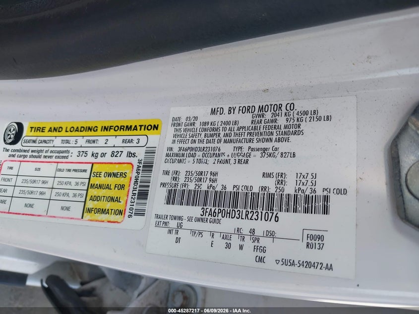 FORD FUSION 2020 VIN 3FA6P0HD3LR231076