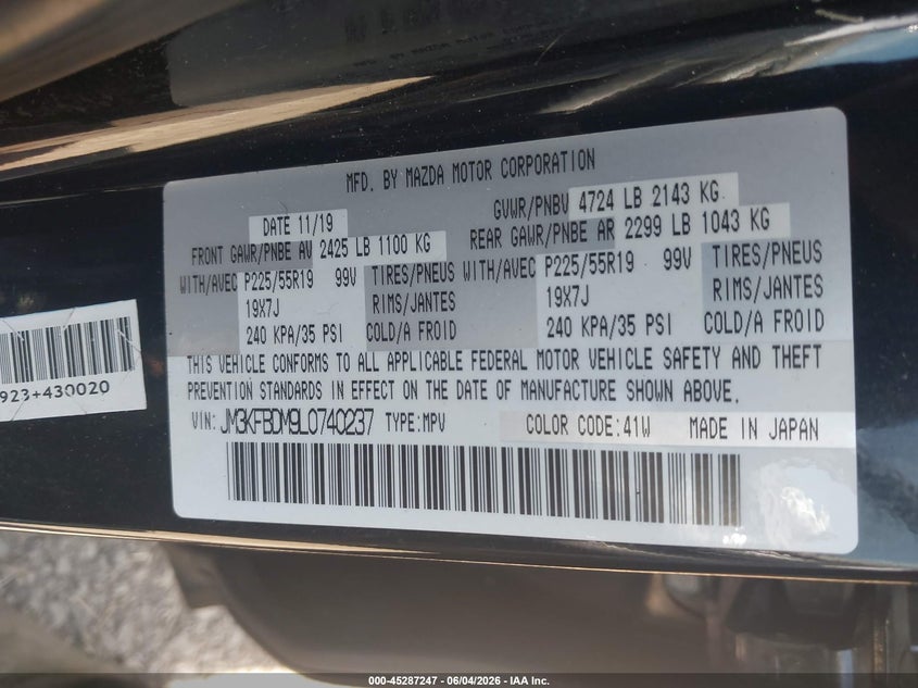 2020 Mazda Cx-5 Grand Touring VIN: JM3KFBDM9L0740237 Lot: 45287247