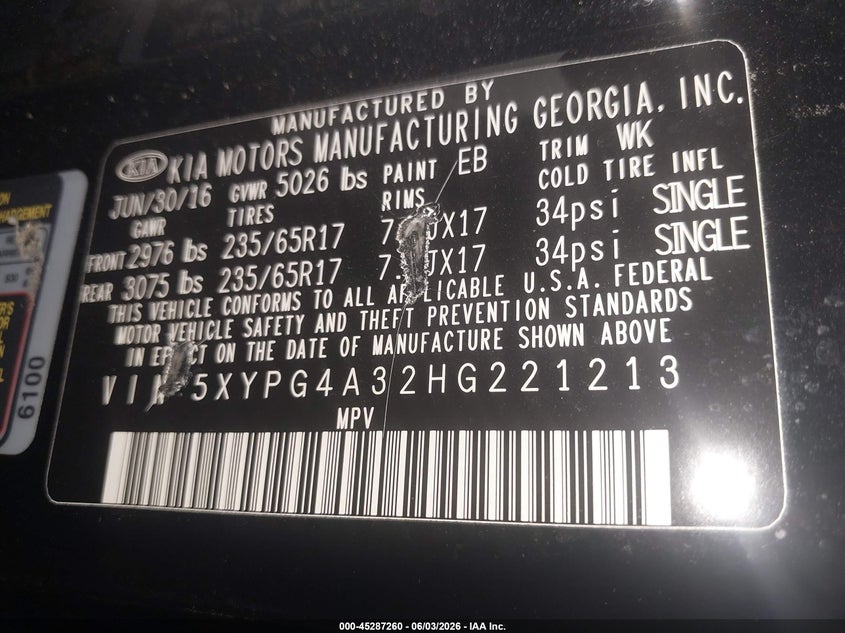 2017 Kia Sorento 2.4L L VIN: 5XYPG4A32HG221213 Lot: 45287260