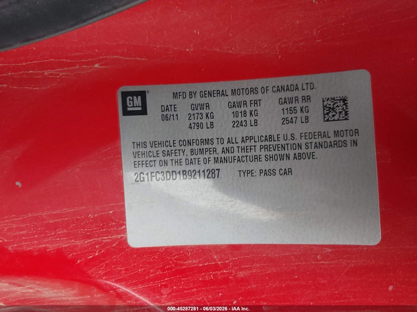 2011 Chevrolet Camaro 2Lt VIN: 2G1FC3DD1B9211287 Lot: 45287281