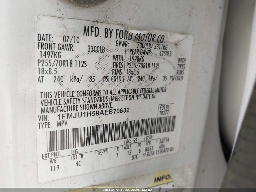 2010 Ford Expedition Eddie Bauer VIN: 1FMJU1H59AEB70632 Lot: 45287284