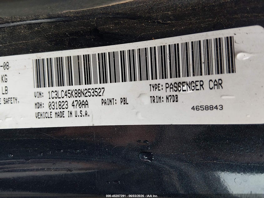 2008 Chrysler Sebring Lx VIN: 1C3LC45K88N253527 Lot: 45287291
