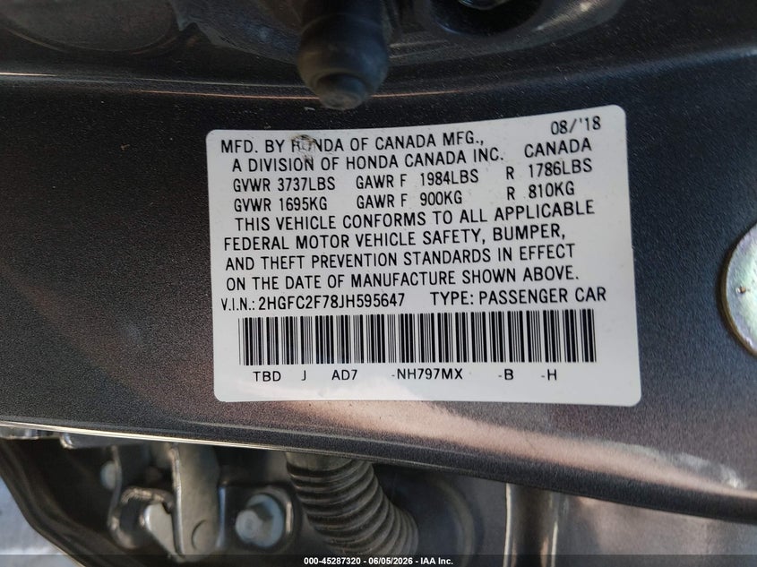 2018 HONDA CIVIC SEDAN 2.0L I-4 DOHC, VVT, 158HP