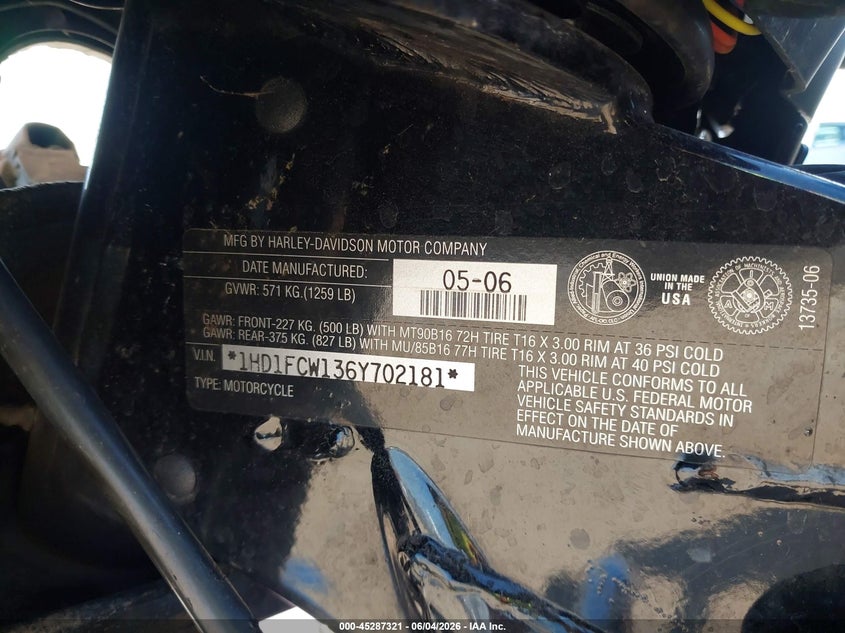 2006 Harley-Davidson Flhtcui VIN: 1HD1FCW136Y702181 Lot: 45287321