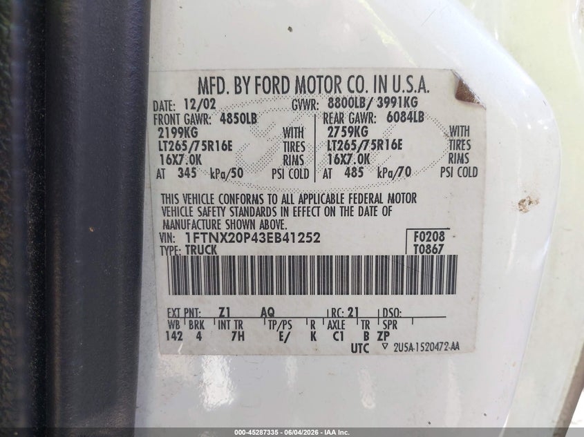 2003 Ford F-250 Lariat/Xl/Xlt VIN: 1FTNX20P43EB41252 Lot: 45287335
