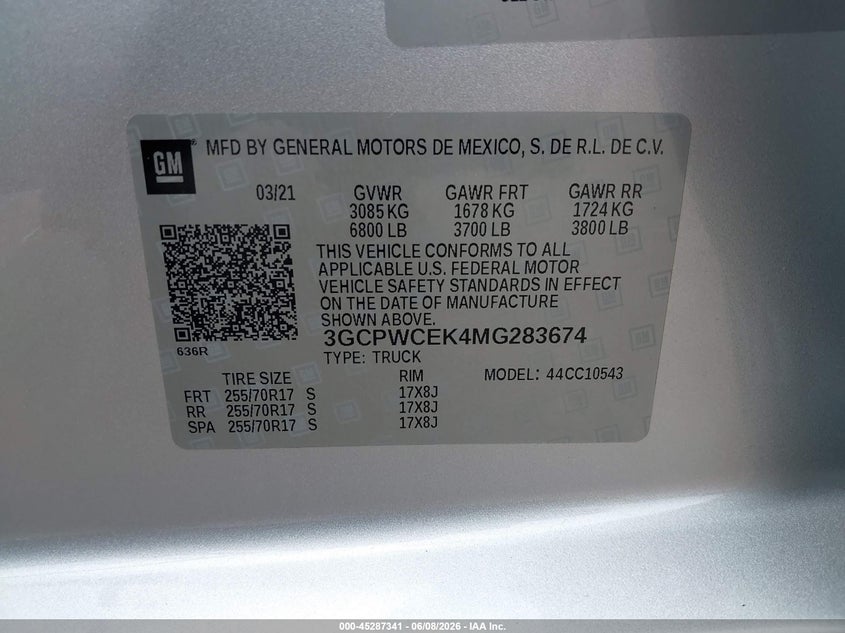 2021 CHEVROLET SILVERADO 1500 2.7L I-4 DI, DOHC, V(VIN: 3GCPWCEK4MG283674