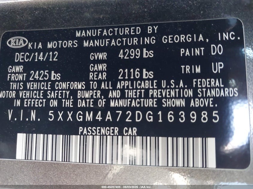 2013 Kia Optima Lx VIN: 5XXGM4A72DG163985 Lot: 45287405