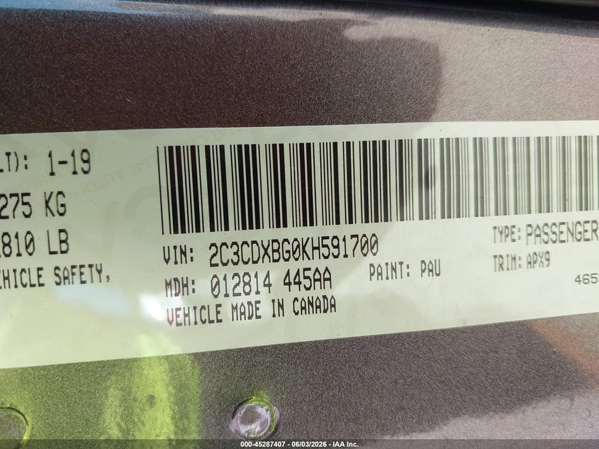 2019 Dodge Charger Sxt Rwd VIN: 2C3CDXBG0KH591700 Lot: 45287407