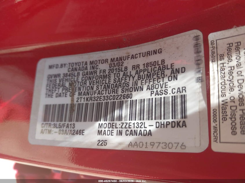 2003 Toyota Matrix Standard VIN: 2T1KR32E33C022660 Lot: 45287450