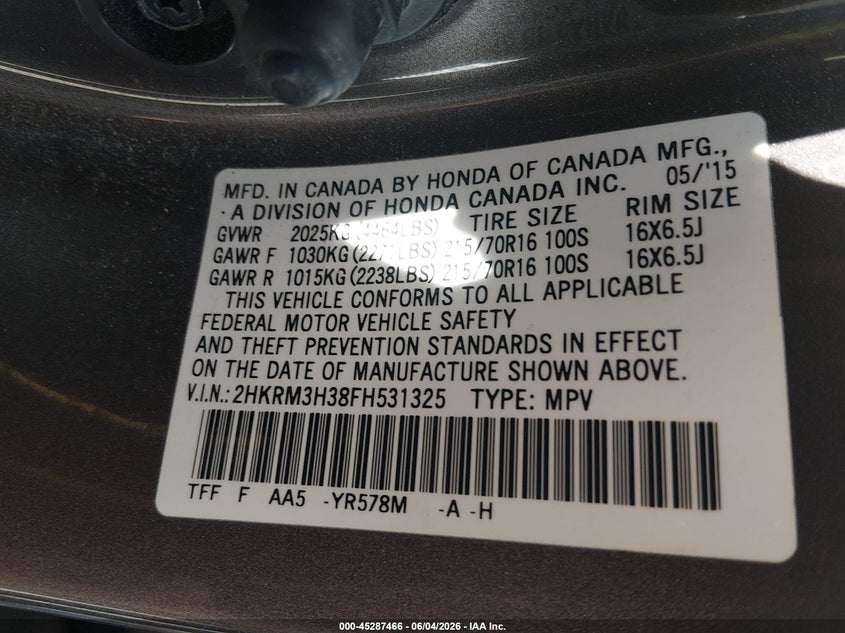 2015 Honda Cr-V Lx VIN: 2HKRM3H38FH531325 Lot: 45287466