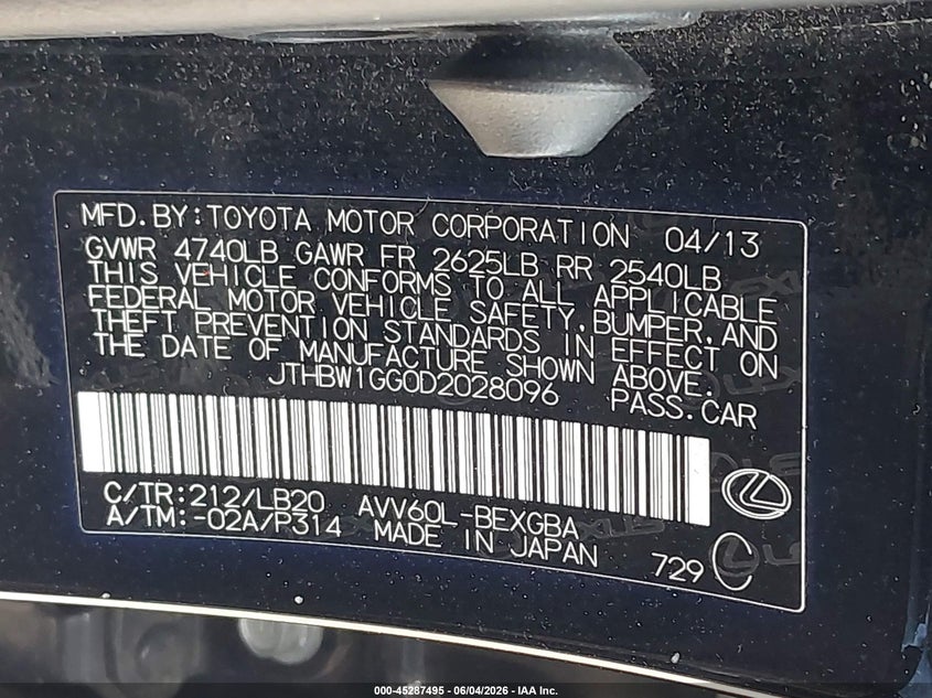 2013 Lexus Es 300H VIN: JTHBW1GG0D2028096 Lot: 45287495