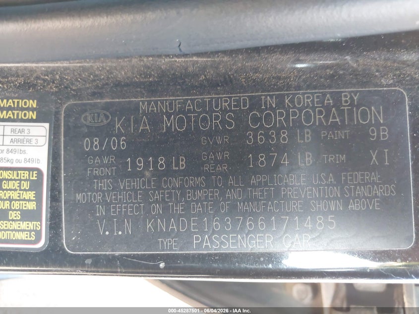 2006 Kia Rio5 Sx VIN: KNADE163766171485 Lot: 45287501