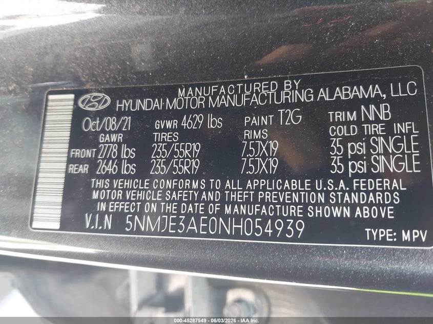 2022 Hyundai Tucson Limited VIN: 5NMJE3AE0NH054939 Lot: 45287549