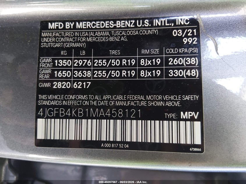 2021 Mercedes-Benz Gle 350 4Matic VIN: 4JGFB4KB1MA458121 Lot: 45287567