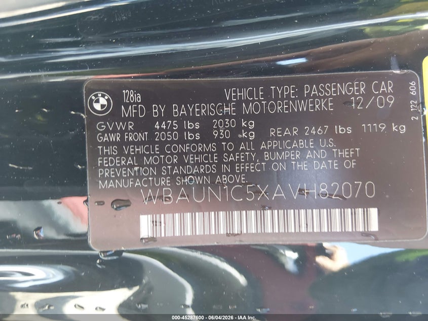 2010 BMW 128I VIN: WBAUN1C5XAVH82070 Lot: 45287600
