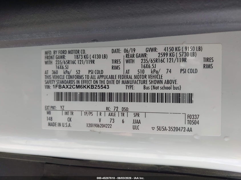 2019 Ford Transit-350 Xlt VIN: 1FBAX2CM6KKB25543 Lot: 45287618