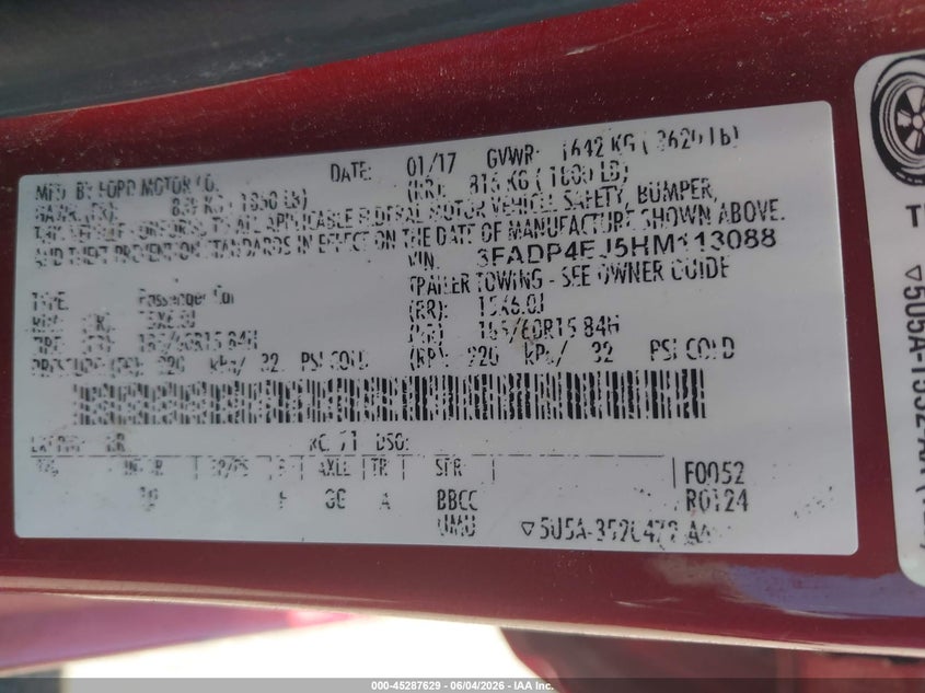 2017 Ford Fiesta Se VIN: 3FADP4EJ5HM113088 Lot: 45287629
