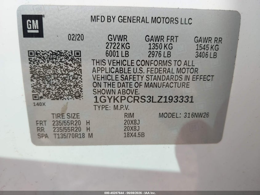 2020 Cadillac Xt6 Fwd Premium Luxury VIN: 1GYKPCRS3LZ193331 Lot: 45287644