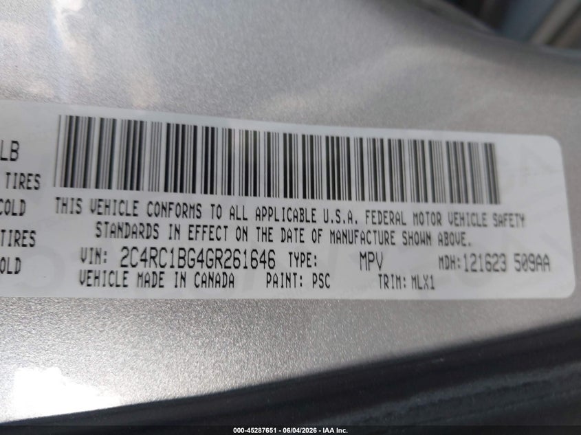 2016 Chrysler Town & Country Touring VIN: 2C4RC1BG4GR261646 Lot: 45287651