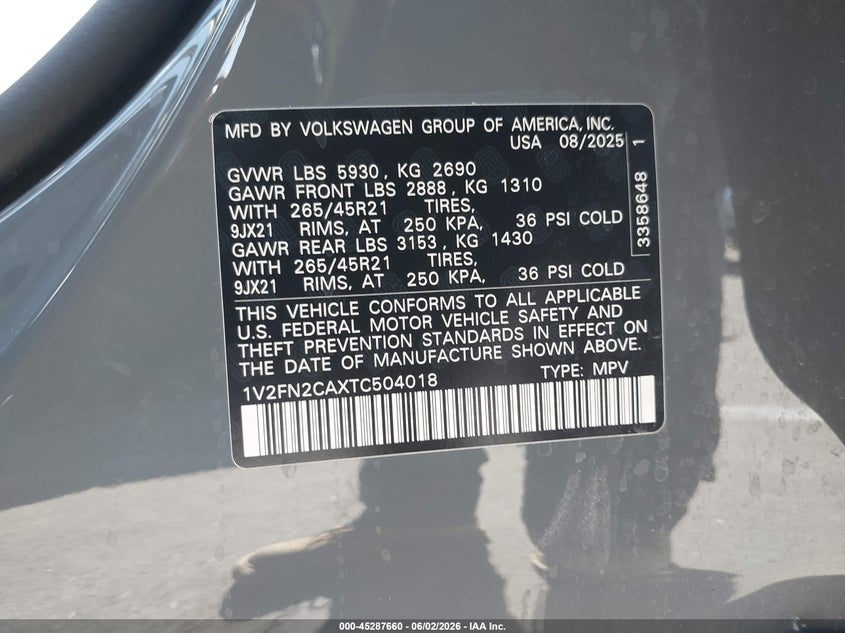 2026 Volkswagen Atlas Sel Premium R-Line VIN: 1V2FN2CAXTC504018 Lot: 45287660