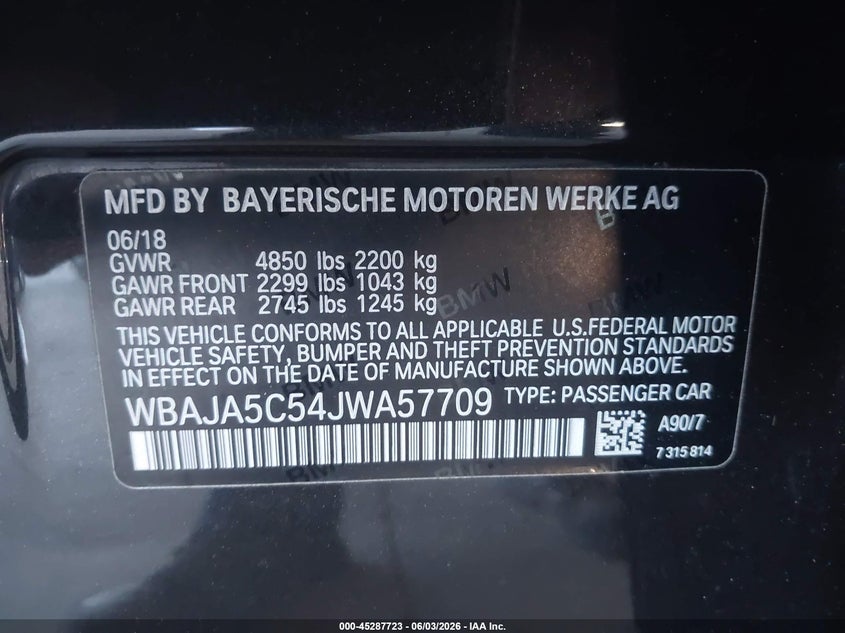 2018 BMW 530I VIN: WBAJA5C54JWA57709 Lot: 45287723