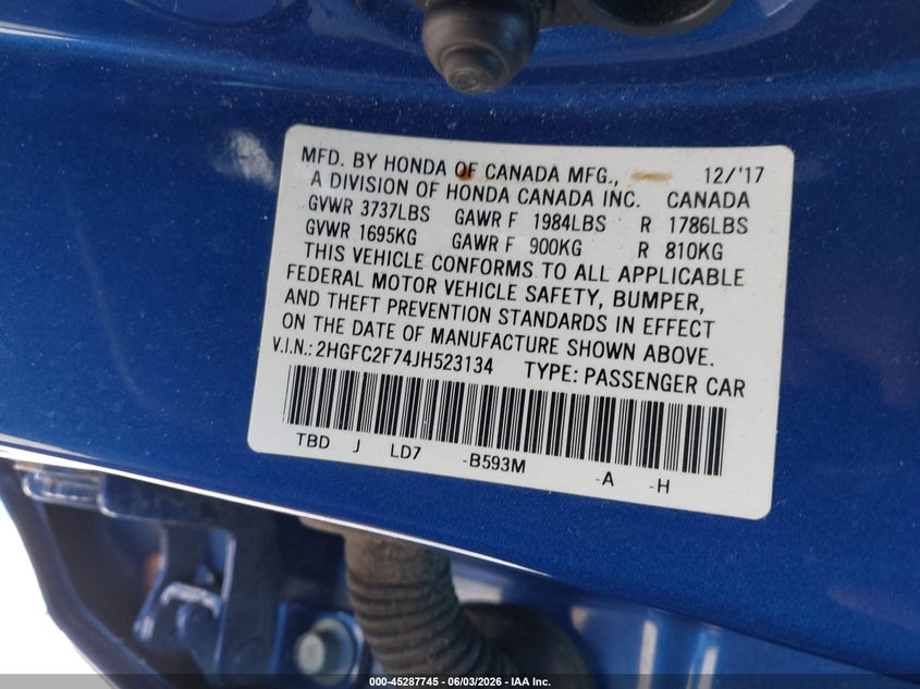 2018 HONDA CIVIC SEDAN 2.0L I-4 DOHC, VVT, 158HP