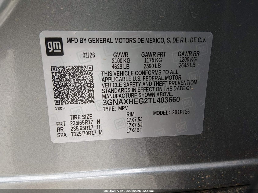 2026 CHEVROLET EQUINOX 1.5L I-4 DI, DOHC, V(VIN: 3GNAXHEG2TL403660