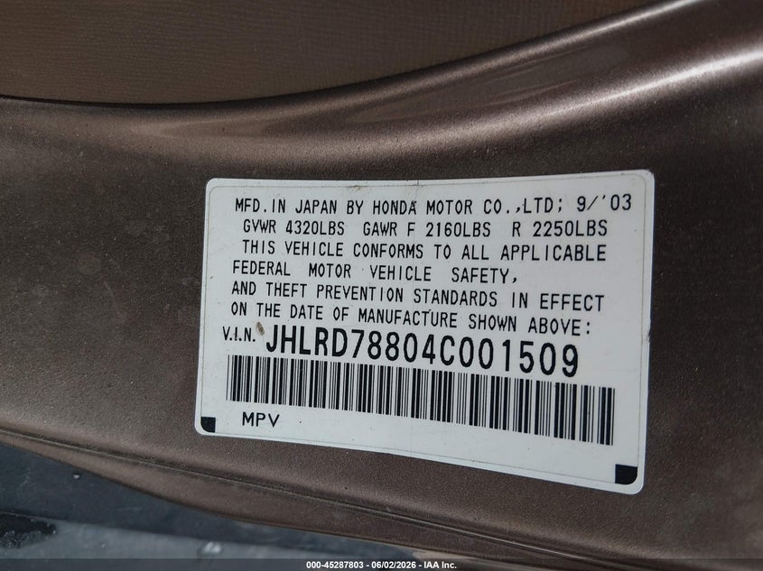2004 Honda Cr-V Ex VIN: JHLRD78804C001509 Lot: 45287803