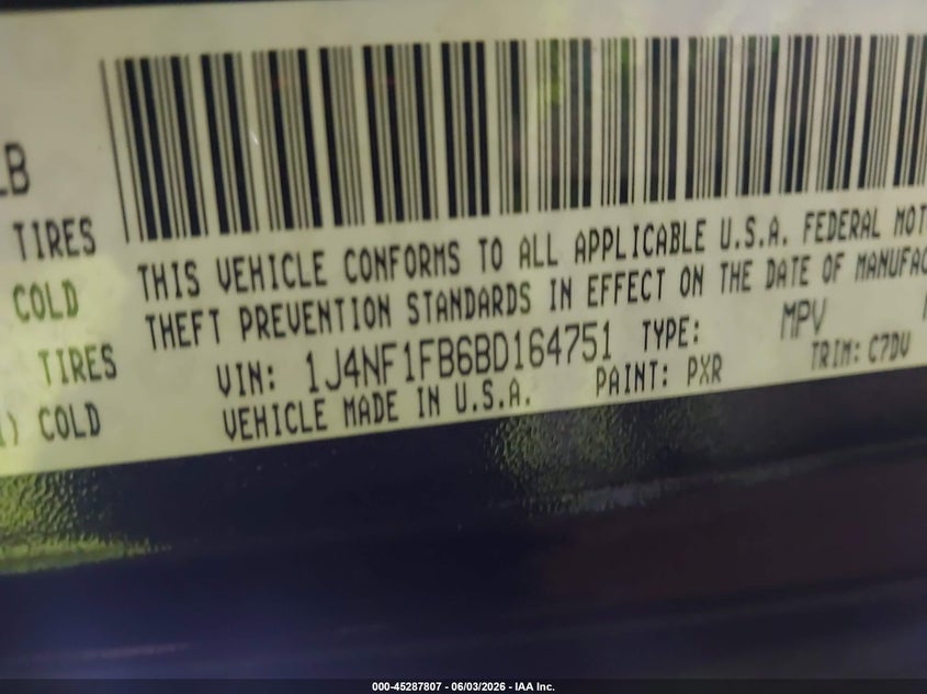 2011 Jeep Compass VIN: 1J4NF1FB6BD164751 Lot: 45287807