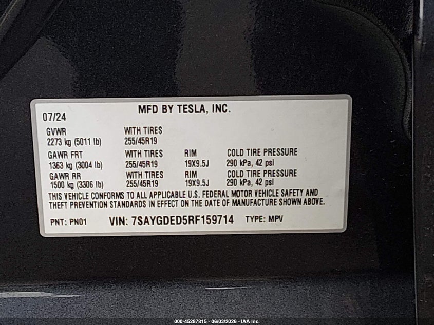 2024 Tesla Model Y VIN: 7SAYGDED5RF159714 Lot: 45287815