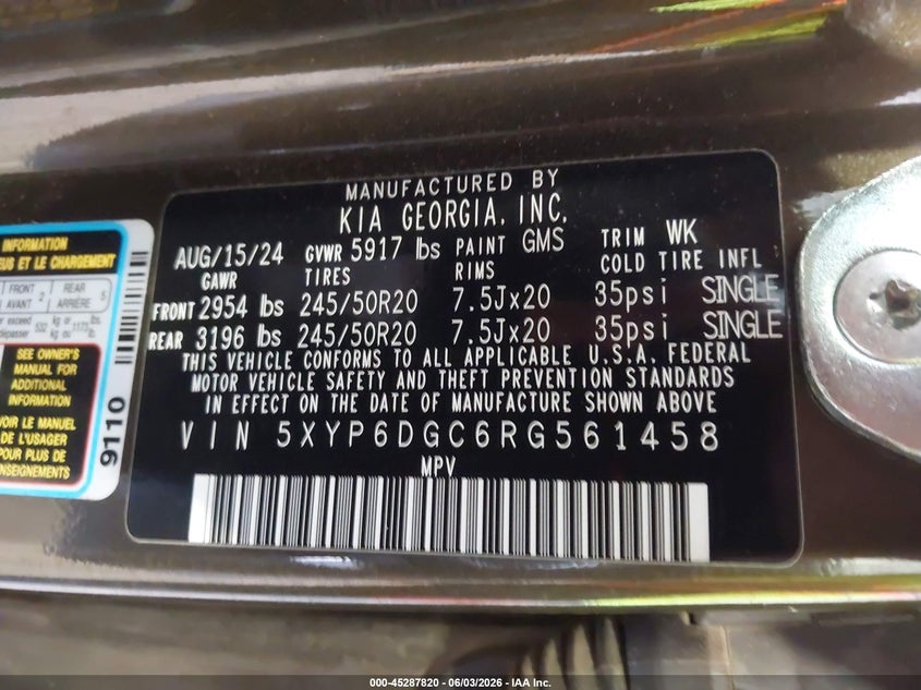 2024 Kia Telluride S VIN: 5XYP6DGC6RG561458 Lot: 45287820