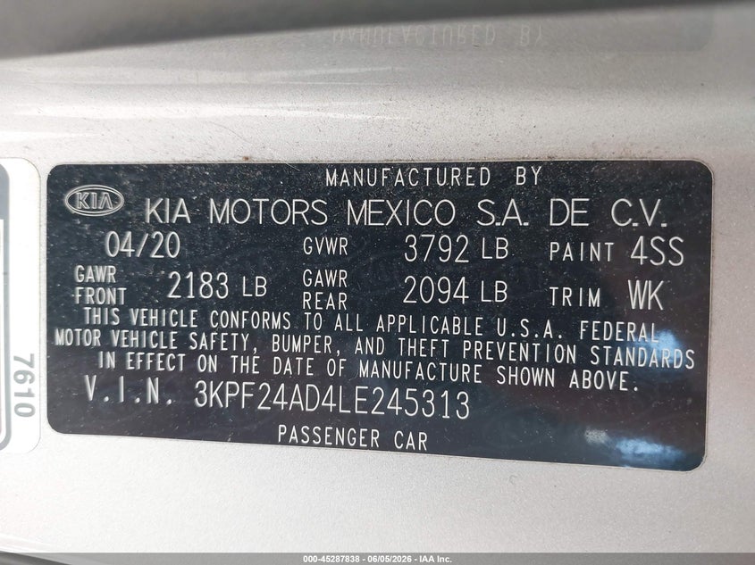 2020 KIA FORTE 2.0L I-4 DOHC, VVT, (VIN: 3KPF24AD4LE245313