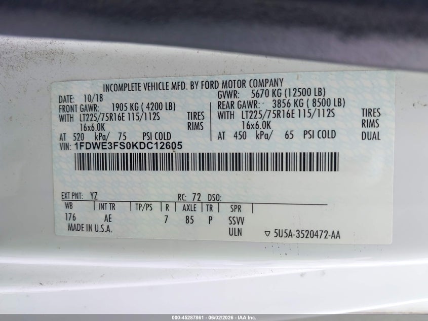2019 Ford E-350 Cutaway white Lot 111045287861 Vin 1FDWE3FS0KDC12605