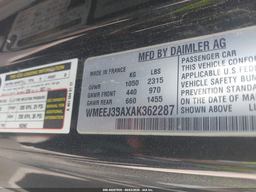 2010 Smart Fortwo Passion/Pure VIN: WMEEJ3BAXAK362287 Lot: 45287935