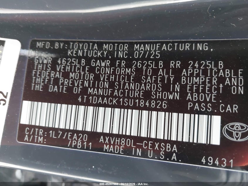 VIN 4T1DAACK1SU184826 2025 TOYOTA CAMRY SE