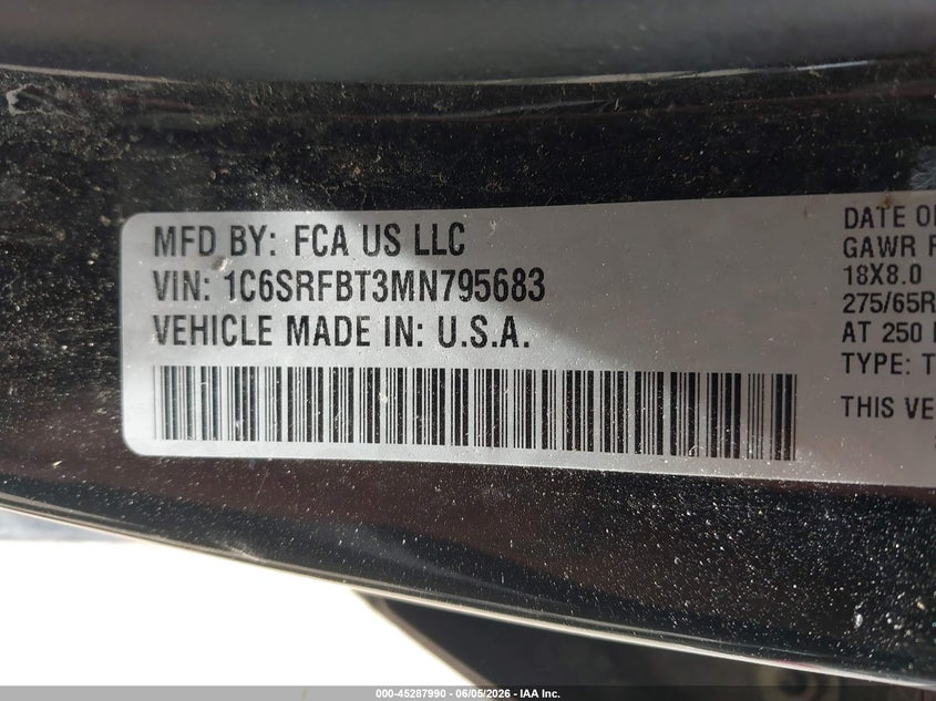 2021 RAM 1500 5.7L V-8 VVT, 395HP(VIN: 1C6SRFBT3MN795683