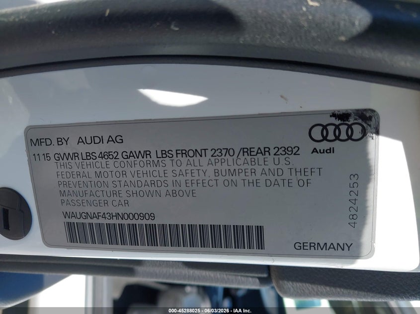 2017 Audi A4 2.0T Premium VIN: WAUGNAF43HN000909 Lot: 45288025