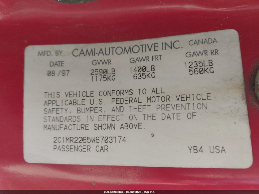 1998 Chevrolet Metro VIN: 2C1MR2265W6703174 Lot: 45288033