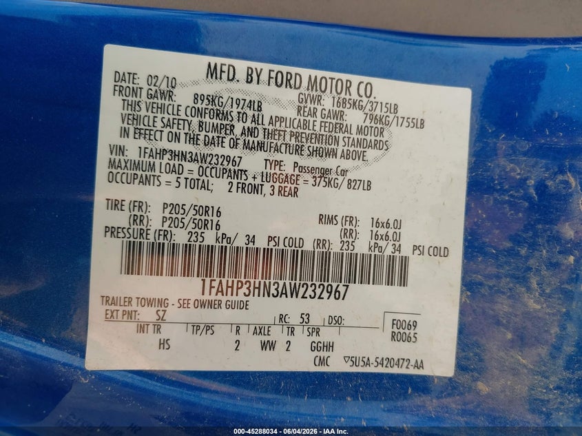 2010 Ford Focus Sel VIN: 1FAHP3HN3AW232967 Lot: 45288034