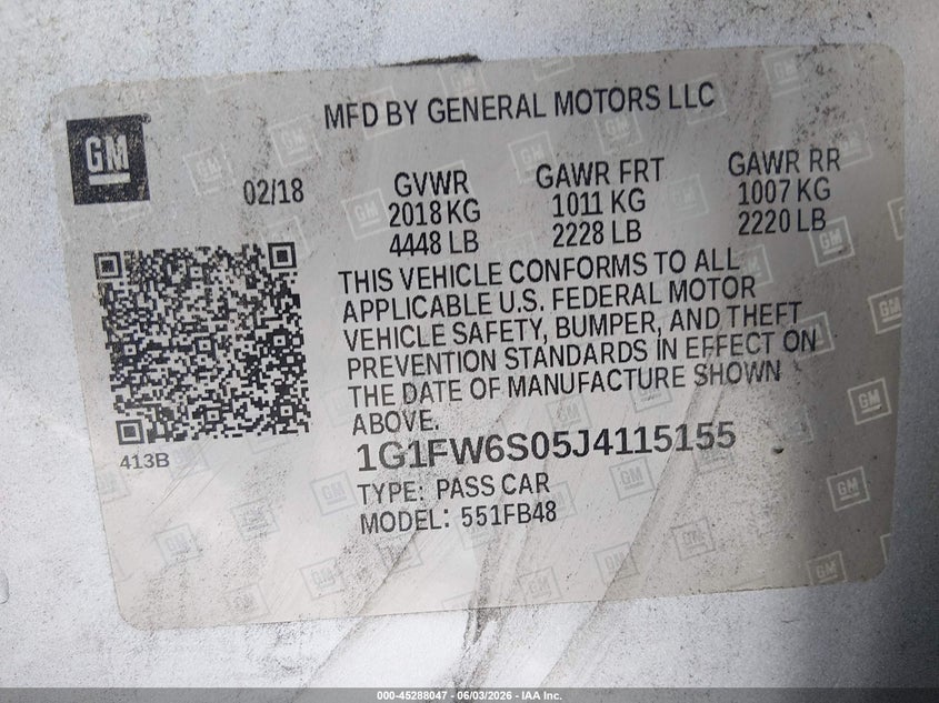 2018 Chevrolet Bolt Ev Lt VIN: 1G1FW6S05J4115155 Lot: 45288047