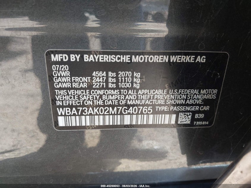 2021 BMW 228I Gran Coupe xDrive VIN: WBA73AK02M7G40765 Lot: 45288053