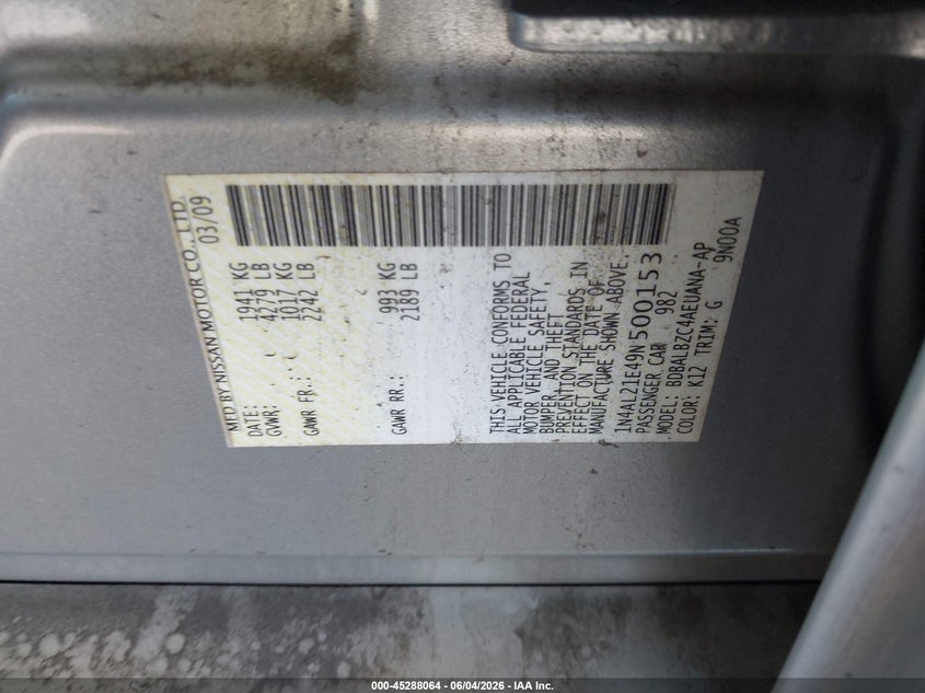 2009 Nissan Altima 2.5 S VIN: 1N4AL21E49N500153 Lot: 45288064